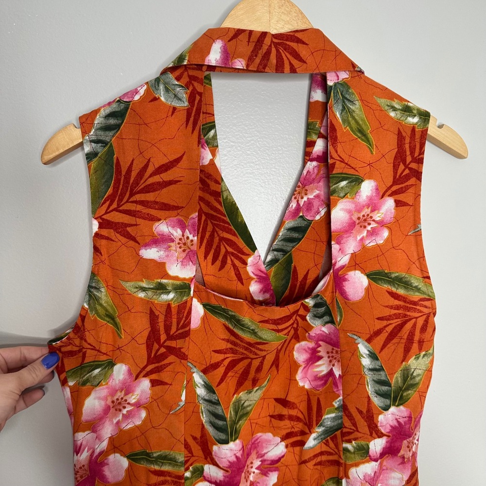 Erika Women's Vintage Orange Floral Print Button Front‎ Sleeveless Midi Dress M - Picture 7 of 9